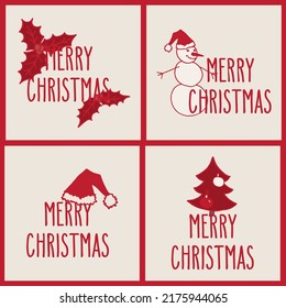 Merry Christmas hand drawn doodle greeting cards set with hand written holiday words. Festive vector illustration.