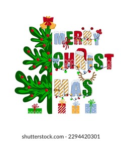 Merry christmas. Hand drawn doodle text with Santa hat, antler, garlands and new year tree. Christmas design for poster, banner, t shirt, card, flyer. Vector illustration	