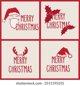 Merry Christmas hand drawn doodle greeting cards set with hand written holiday words. Festive vector illustration.