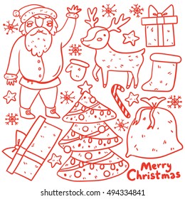 Merry Christmas hand drawn doodle cartoon vector set with Santa Claus, deer and Christmas tree