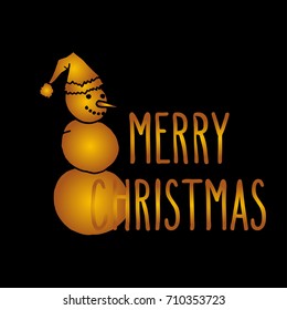 Merry Christmas hand drawn doodle greeting card with smiling snowman. Golden over black vector illustration.