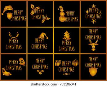 Merry Christmas hand drawn doodle greeting cards set with traditional symbols and lettering. Golden over black vector illustration.