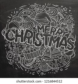 Merry Christmas hand drawn doodles illustration. New Year objects and elements poster design. Creative cartoon holidays art background. Chalkboard vector drawing