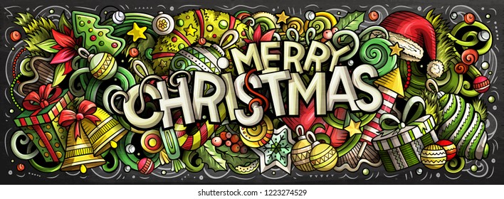 Merry Christmas hand drawn doodles horizontal chalkboard illustration. New Year objects and elements poster design. Creative cartoon holidays art background. Colorful vector drawing