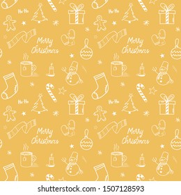 Merry Christmas hand drawn doodles seamless pattern on yellow background