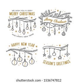 Merry Christmas hand drawn greeting cards set. Season's greetings. Happy New Year 2020. Doodle style festive drawings for prints postcards decoration needs. Vector vintage illustration.