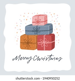 Merry Christmas hand drawn greeting card. Christmas gift vector illustration, calligraphy quote