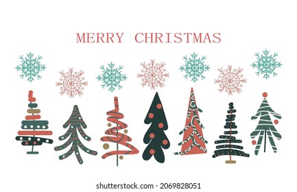 Merry Christmas hand drawn greeting card with Decorative Christmas trees and snowflakes. Vector illustration.
