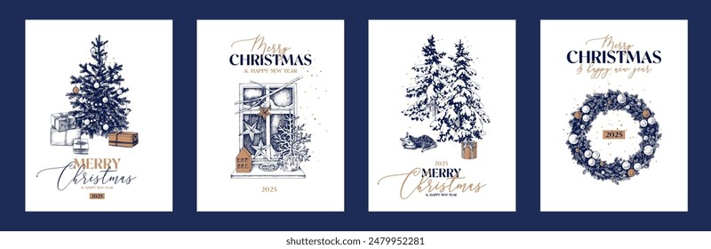 Merry Christmas hand drawn greeting cards set