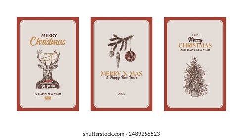 Merry Christmas hand drawn greeting cards set