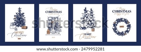 Merry Christmas hand drawn greeting cards set