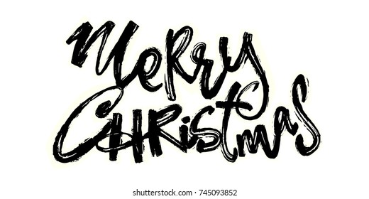 Merry Christmas. Christmas hand drawn holiday lettering. Expressive funky calligraphy ink poster. Handwritten modern brush lettering style, laid-back grunge drawing technique.