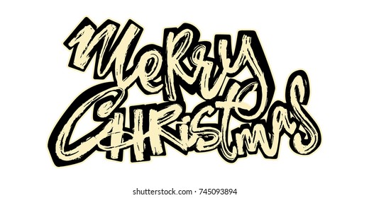 Merry Christmas. Christmas hand drawn holiday lettering. Expressive funky calligraphy ink poster. Handwritten modern brush lettering style, laid-back grunge drawing technique.