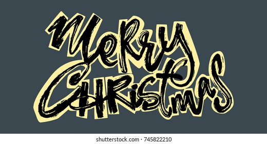 Merry Christmas. Christmas hand drawn holiday lettering. Expressive funky calligraphy ink poster. Handwritten modern brush lettering style, laid-back grunge drawing technique.