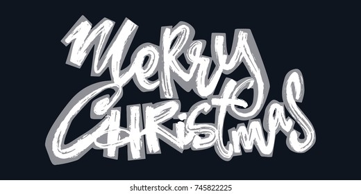 Merry Christmas. Christmas hand drawn holiday lettering. Expressive funky calligraphy ink poster. Handwritten modern brush lettering style, laid-back grunge drawing technique.