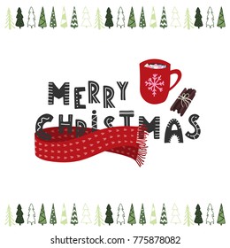 Merry Christmas hand drawn hot cocoa or chocolate cup with marsmellows. Holiday card. Stock vector