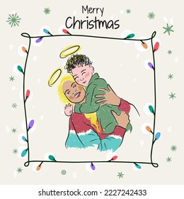 Merry Christmas, hand drawn illustration of a young mother in a bright sweater and son, family, decorations, garlands and snowflakes in the background
