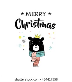 Merry Christmas hand drawn, illustration and greeting cards with bear