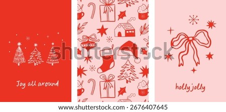 Merry Christmas, hand drawn illustrations, vertical Christmas cards in modern vintage style. Christmas eve, whimsical bows, Christmas tree, wine, vintage toys, gifts and tree decorations vector