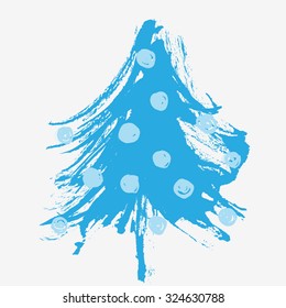 Merry Christmas: Hand Drawn ink painted Christmas tree. Vector illustration isolated on white. Abstract artistic design painted by brush.  Blue shades. Grunge texture. Artist collection. 