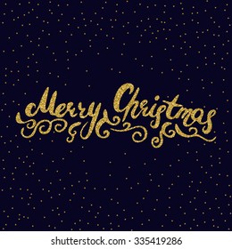 Merry Christmas - hand drawn ink brush pen calligraphy for the cards, posters, flyers and banners. Xmas design. Gold glitter texture.