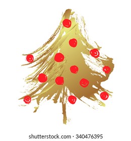 Merry Christmas: Hand Drawn ink painted Christmas tree. Vector illustration in gold over white. Abstract artistic design painted by brush. Card design template. Grunge texture. Artist collection. 