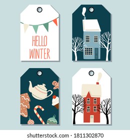 Merry Christmas hand drawn label tag set. Winter badge design. Isolated vector illustration