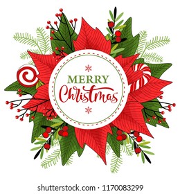 Merry Christmas hand drawn lettering. Christmas card with wreath. Vector illustration.