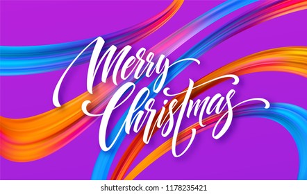 Merry Christmas hand drawn lettering banner design. Xmas greeting with rainbow acrylic ribbons. Vivid oil paint brush strokes. Merry Christmas calligraphy on purple background. Isolated vector Merry Christmas hand drawn lettering banner design. Xmas greeting with rainbow acrylic ribbons. Vivid oil paint brush strokes. Merry Christmas calligraphy on purple background. Isolated vector