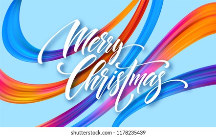 Merry Christmas hand drawn lettering banner design. Xmas greeting with rainbow acrylic ribbons. Vivid oil paint brush strokes. Merry Christmas. Isolated vector illustration