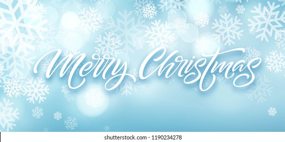 Merry Christmas hand drawn lettering in snowflakes frame. Xmas isolated calligraphy in round frame. Christmas frozen lettering in snowfall. Xmas icy calligraphy. Banner, poster winter design.Vector