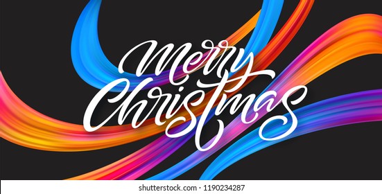 Merry Christmas hand drawn lettering banner design. Xmas greeting with rainbow acrylic ribbons. Vivid oil paint brush strokes. Merry Christmas. Isolated vector illustration