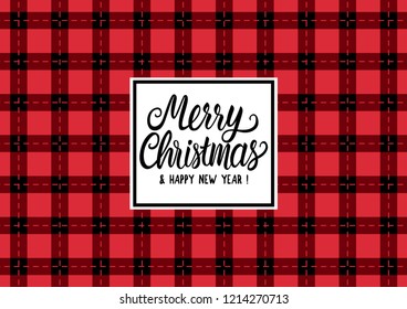 Merry Christmas hand drawn lettering text inscription. Vector illustration Checkered black and red wide pattern background. Holiday Happy New Year Greeting Design Template Card