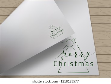 Merry Christmas Hand Drawn Lettering on Bent A4 White Paper and Wooden Background. Vector Illustration Quote. Handwritten Inscription Phrase for Web, Design, Sale, Banner, Invitation.