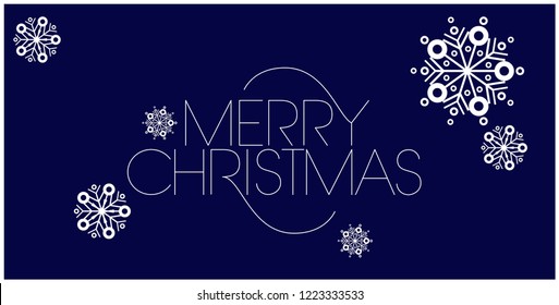 Merry Christmas - hand drawn lettering with snowflakes; white letters on blue background. Flat vector illustration for postcards, prints, stickers, posters, promotion, seasonal design and decoration.