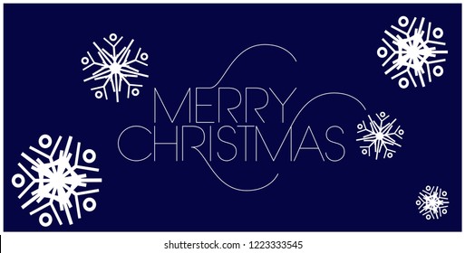 Merry Christmas - hand drawn lettering with snowflakes; white letters on blue background. Flat vector illustration for prints, stickers, postcards, posters, promo, seasonal design and decoration, web.