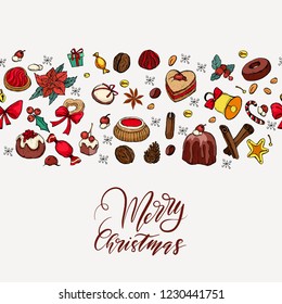 Merry Christmas hand drawn lettering. Christmas card with beautiful background and elements. Great for packaging, label, greeting cards, event decor. Vector illustration.