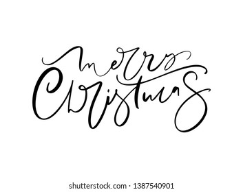 Merry Christmas hand drawn lettering. Vector illustration Xmas calligraphy on white background. Isolated calligraphic element for banner, postcard, poster design greeting card.