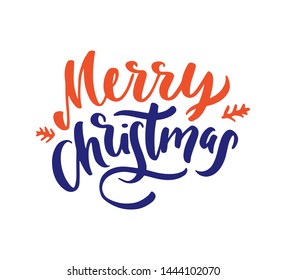 Merry Christmas hand drawn lettering. Xmas red, lettering. Calligraphy on white background. Composition for banner, postcard, poster design element stories, posts, etc. Vector eps10