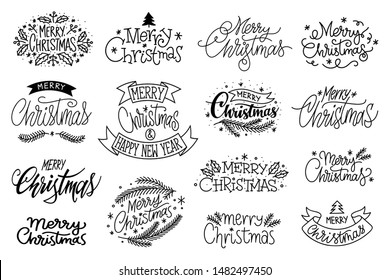 Merry christmas hand drawn lettering banner set. Typography emblem. Text calligraphy inscription card design. Winter holiday poster template. Wishing handwritten postcard. Isolated vector illustration