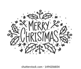 Merry christmas hand drawn lettering banner. Typography emblem. Text calligraphy inscription card design. Winter holiday poster template. Wishing handwritten postcard. Isolated vector illustration