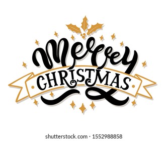Merry Christmas. Hand drawn lettering. Best for Christmas / New Year greeting cards, invitation templates, posters, banners. Vector illustration