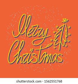 Merry Christmas hand drawn lettering in vector. Golden text on red snowy background. Merry illustration for souvenirs, flyers, postcards.