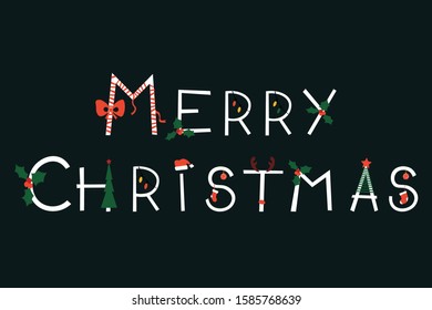 Merry Christmas hand drawn lettering with different Christmas elements