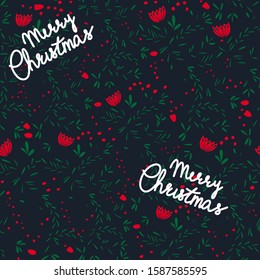 Merry Christmas hand drawn lettering, green leaves, red berries and flowers on dark blue background. holiday design for wrapping paper