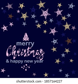 Merry Christmas hand drawn lettering. Xmas cursive calligraphy. Christmas lettering with golden stars. Banner, postcard, poster design element. vector illustration EPS10
