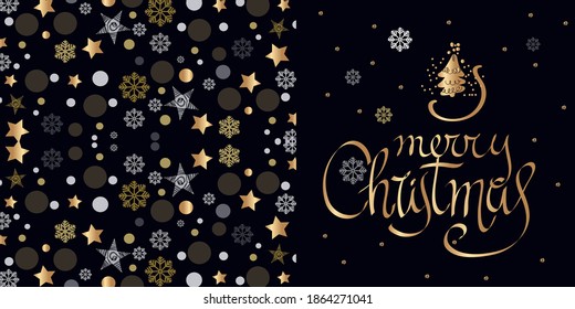 Merry Christmas hand drawn lettering. Xmas cursive calligraphy. Christmas lettering with golden stars. Banner, postcard, poster design element. vector illustration EPS10