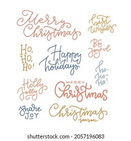 Merry Christmas hand drawn lettering set. Happy Holidays. Linear Typography collection. Vector momoline logo, emblems, text design. Usable for banners, greeting cards, gifts