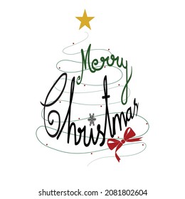 Merry Christmas hand drawn lettering design with Christmas tree, star and a ribbon vector for greeting card, poster, print, web design and other decoration