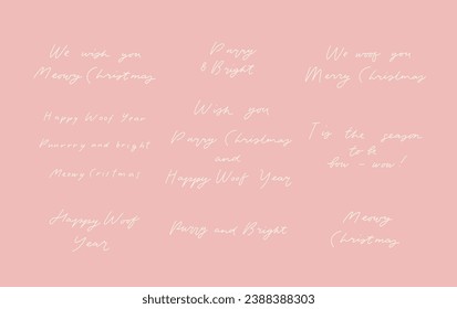 Merry Christmas hand drawn lettering set with holiday phrases. Cozy holiday funny calligraphy.  Cute and funny cats and dogs greetings. Meowy Christmas, woofy new year, vector collection